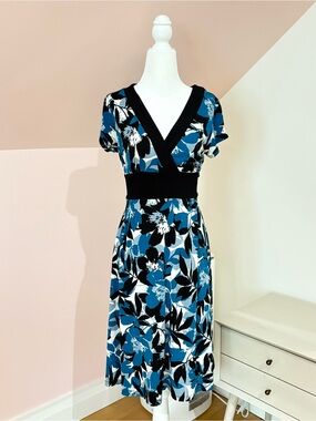 AB Studio Blue & Black Floral Wrap Midi Dress